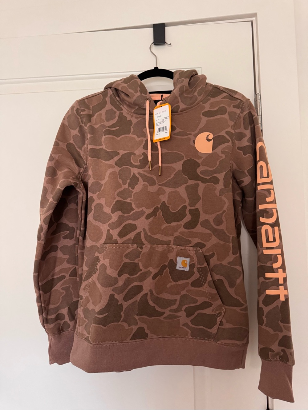 Carhartt Brown Camo Crewneck Hoodie with Peach Logo